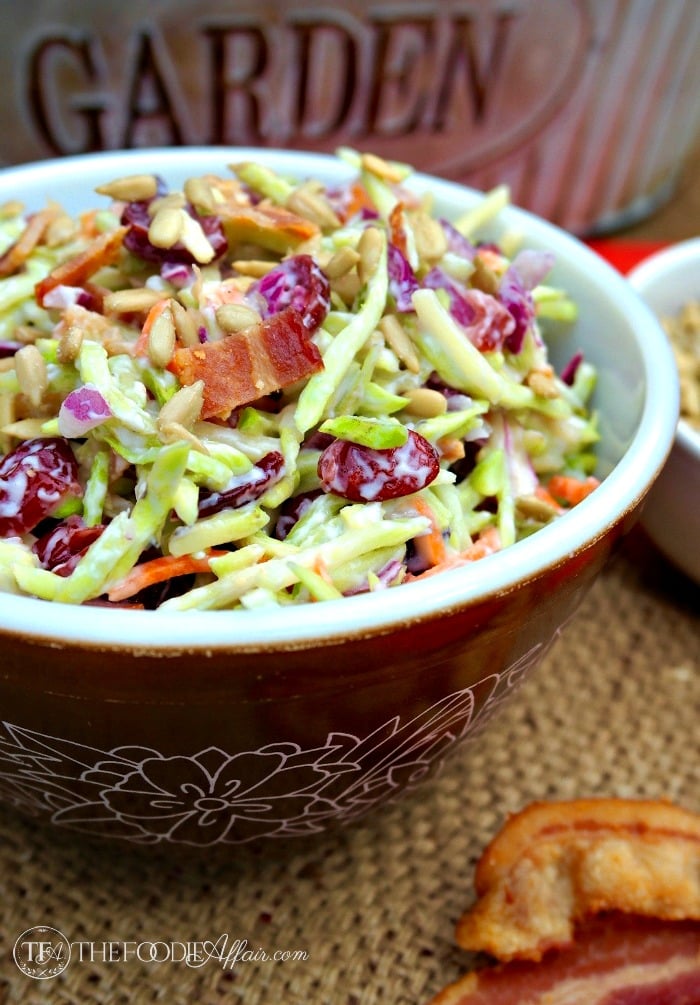 Broccoli Slaw in a brown pyrex bowl