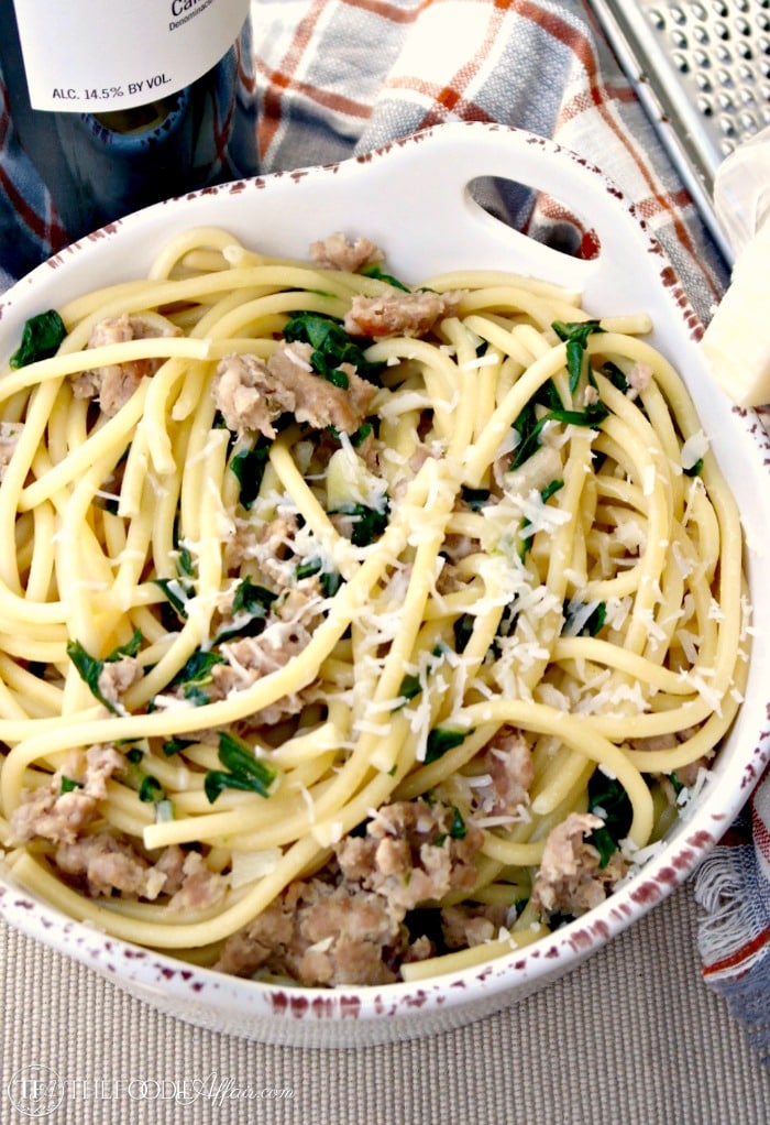 Bucatini with Sausage and Kale. This Italian quick meal is tasty and easy to make! The whole family will love this dish! The Foodie Affair