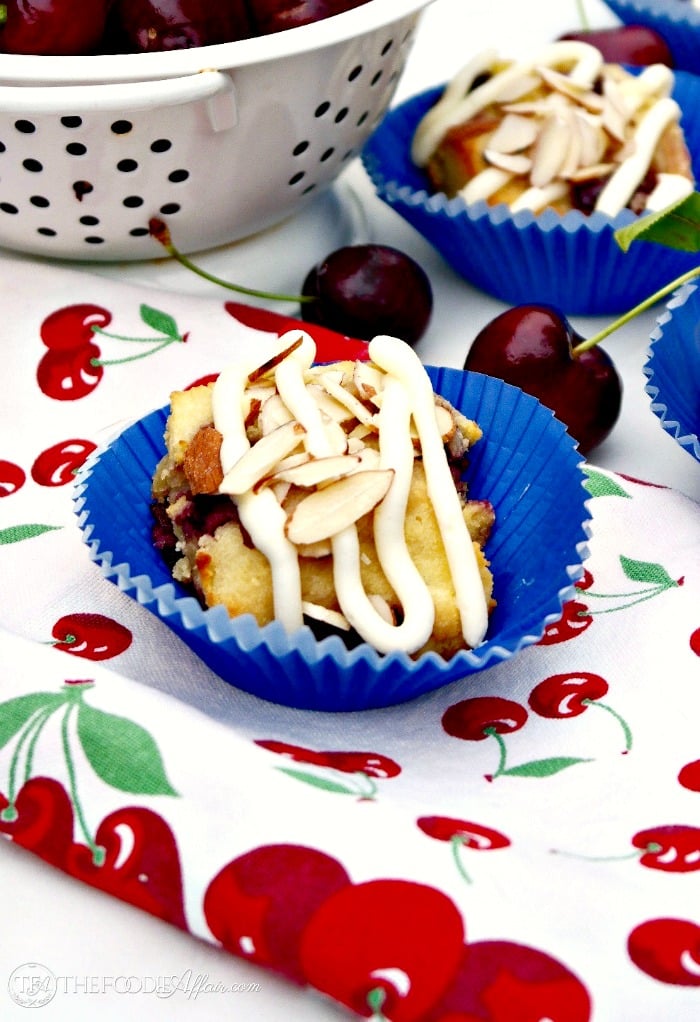 Tender Cherry Almond Scones made with fresh cherries! These scones are low carb, gluten-free and topped with a delicious sugar free cream cheese glaze!