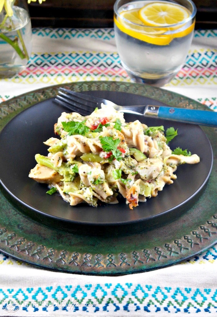 Lightened-Up Chicken Vegetable Casserole with chickpea noodles and a flavorful light creamy cheese sauce. The Foodie Affair