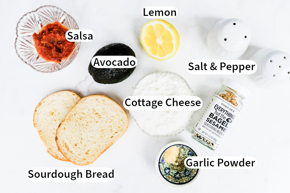 Ingredients for cottage cheese avocado toast recipe.